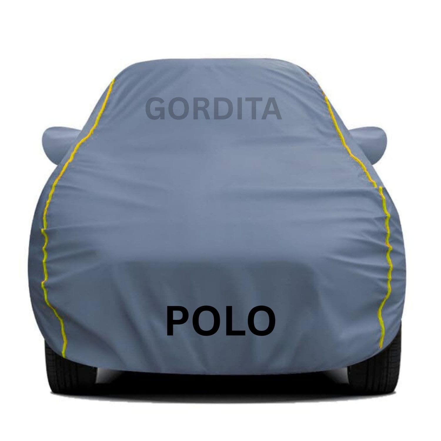 Waterproof Car Body Cover for Polo All Weather Protection Comes with Inner Cotton Lining & Triple Stitched with Mirror & Antenna Pocket Belt & Elastic Fit Grey with Yellow Piping