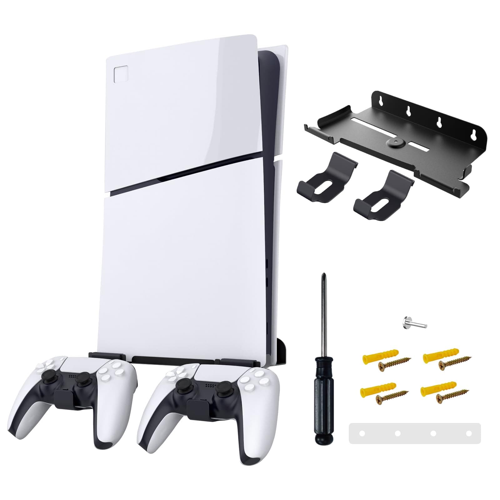 Wall Mount for PS5 Slim with Dual Controller Holders – Floating Shelf Bracket Holder for PS5 Slim , Screw Fixed Heavy Duty Mount for Behind TV, Space Saving Gaming Stand for PlayStation 5 Slim Console