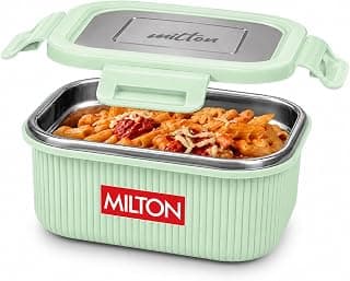 MILTON Cool Touch Square 400 Stainless Steel Container, 380 ml, Aqua Green | Microwave Safe | Food Grade | BPA Free | Refrigerator Safe