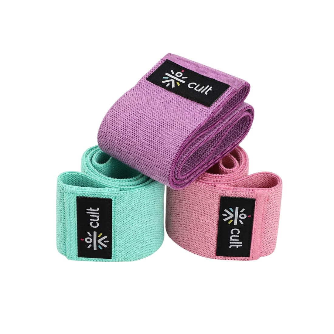 Cult Hip Resistance Bands for Workout - Pack of 3 (Pink, Purple & Green) | Non-Slip Fabric Exercise Bands for Women & Men | Heavy Duty Glute, Thigh & Leg Bands | Up to 50 LBS Resistance