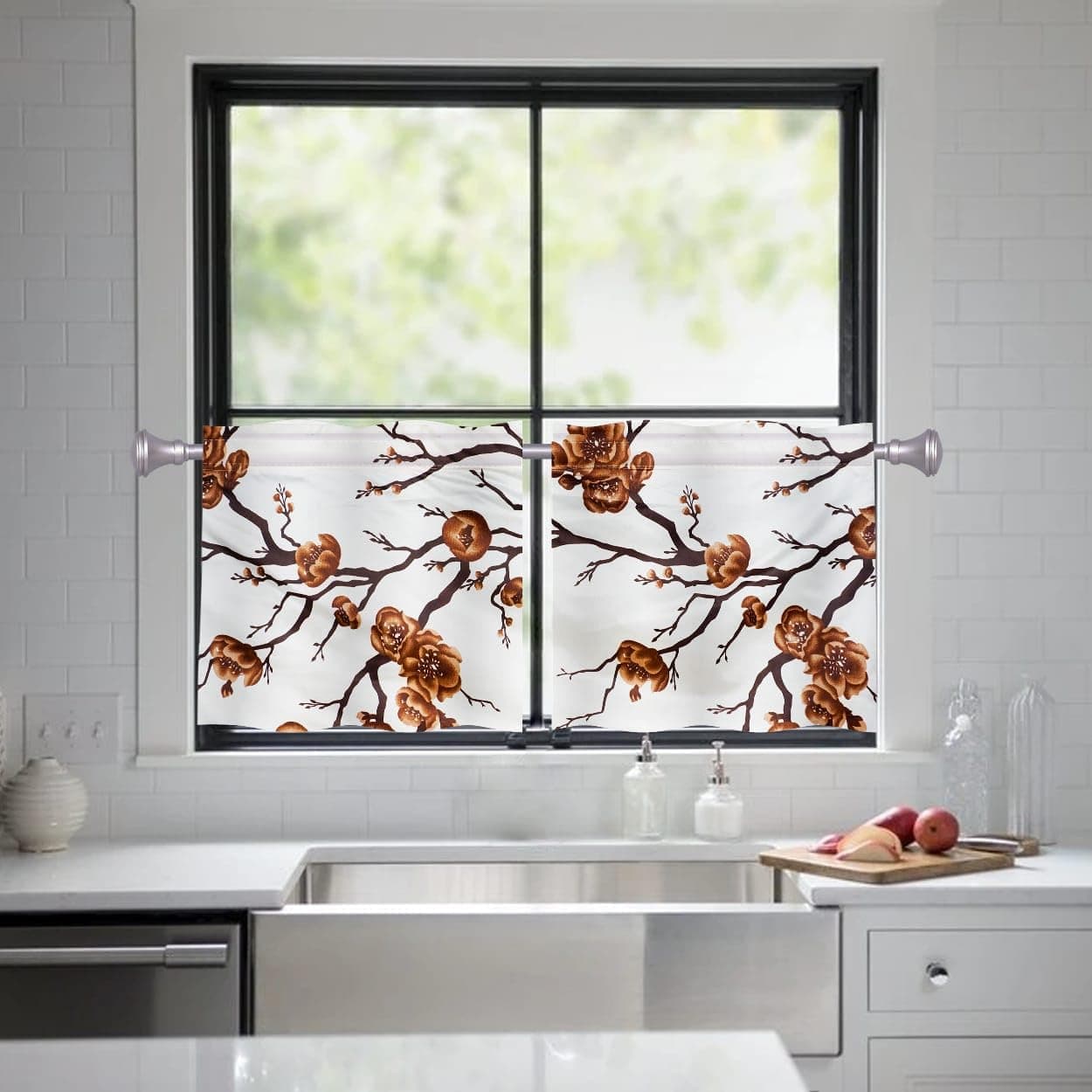 HIMS Brown Flower Washroom/Kitchen Window Curtains,Rod Pocket Short Small Window Curtains 3 feet for Kitchen (Width 26 Inch X Length 36 Inch) - Pack of 2 Piece