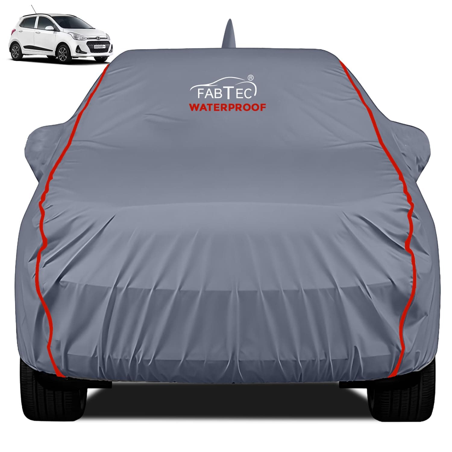 FABTEC Waterproof Car Body Cover for Hyundai Grand i10 with Mirror and Antenna Pocket Heavy Duty Durable PEVA Grey with Red Piping