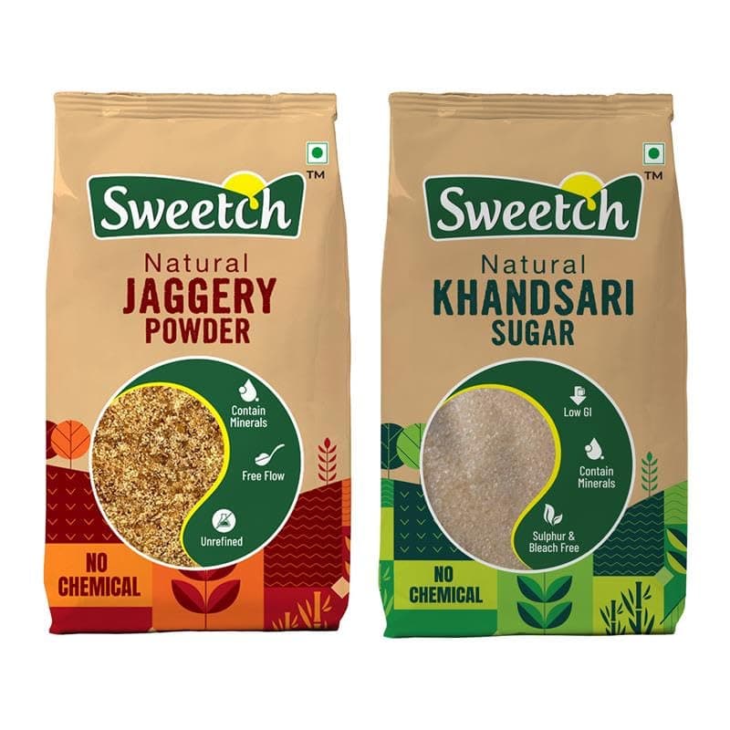 Sweetch Natural Khandsari Sugar (Raw cane Sugar) 1Kg + Jaggery 1Kg Combo Healthy Replacement for Sugar, With Minerals, Low GI, Sulphur Free | For Milk, Cookies, Milkshakes | Natural Sweetener