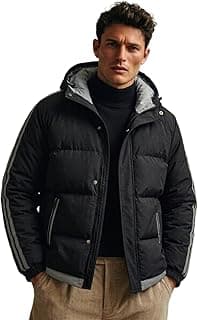 Blaq Ash Men's Hooded Puffer Jacket, Black with Grey Stripe Detail, Quilted Winter Coat