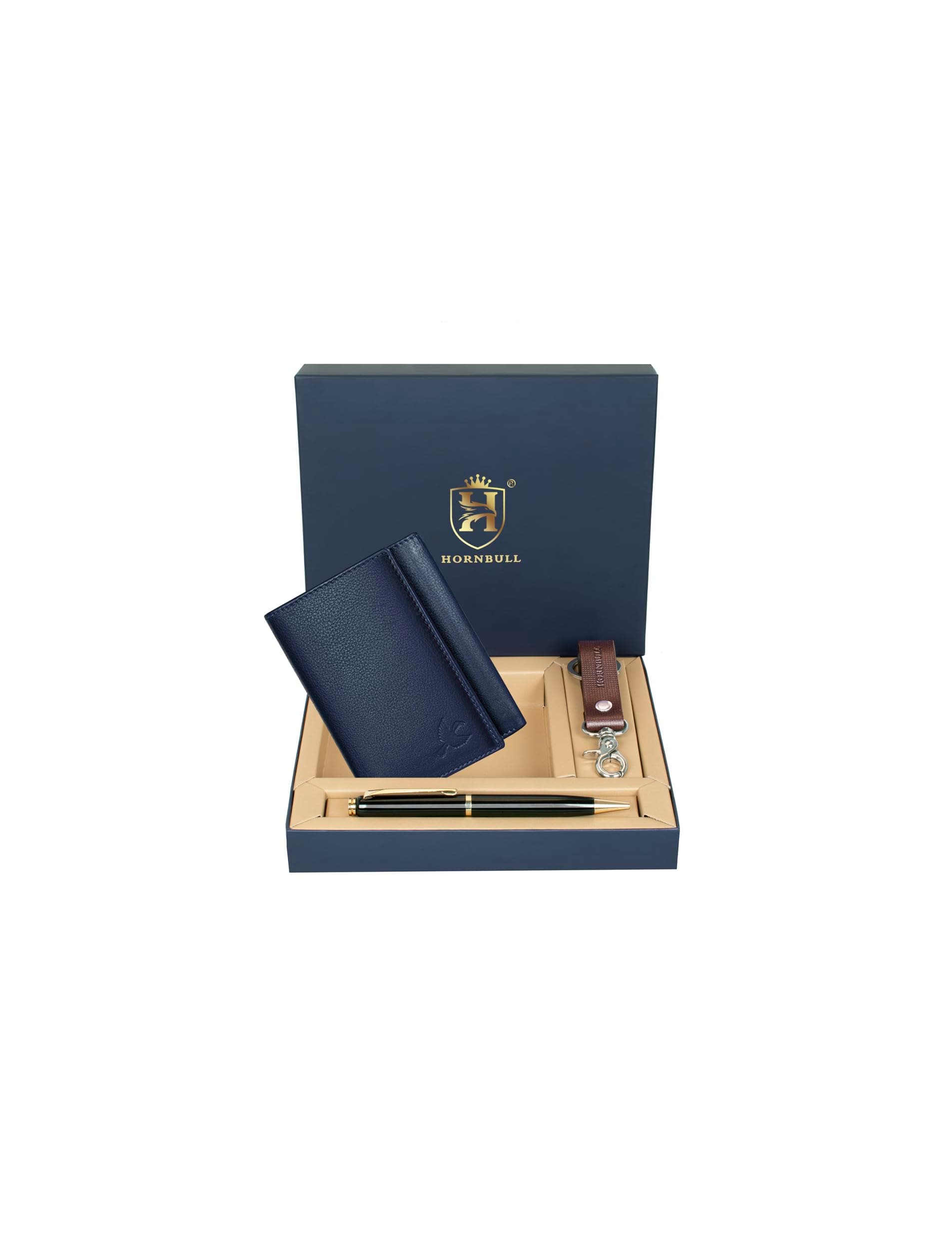 HORNBULL Trifold Navy Leather Wallets for Men, Keyring & Pen Combo Gift Set for Men | Wallet Men Leather Branded