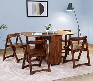 Wooden Dining Table 4 Seater | Four Seater | Foldable Space Saving Dining with 4 Wheels | 1 Table and 4 Chairs | Solid Wood Sheesham, Finish Type : Honey