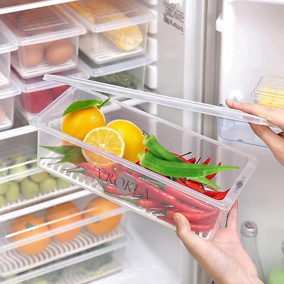 VROKLA 4pcs Fridge Storage Boxes Fridge Organizer with Removable Drain Plate and Lid Stackable Fridge Storage Containers Plastic Freezer Storage Containers for Fish, Meat, Vegetables 1500ML