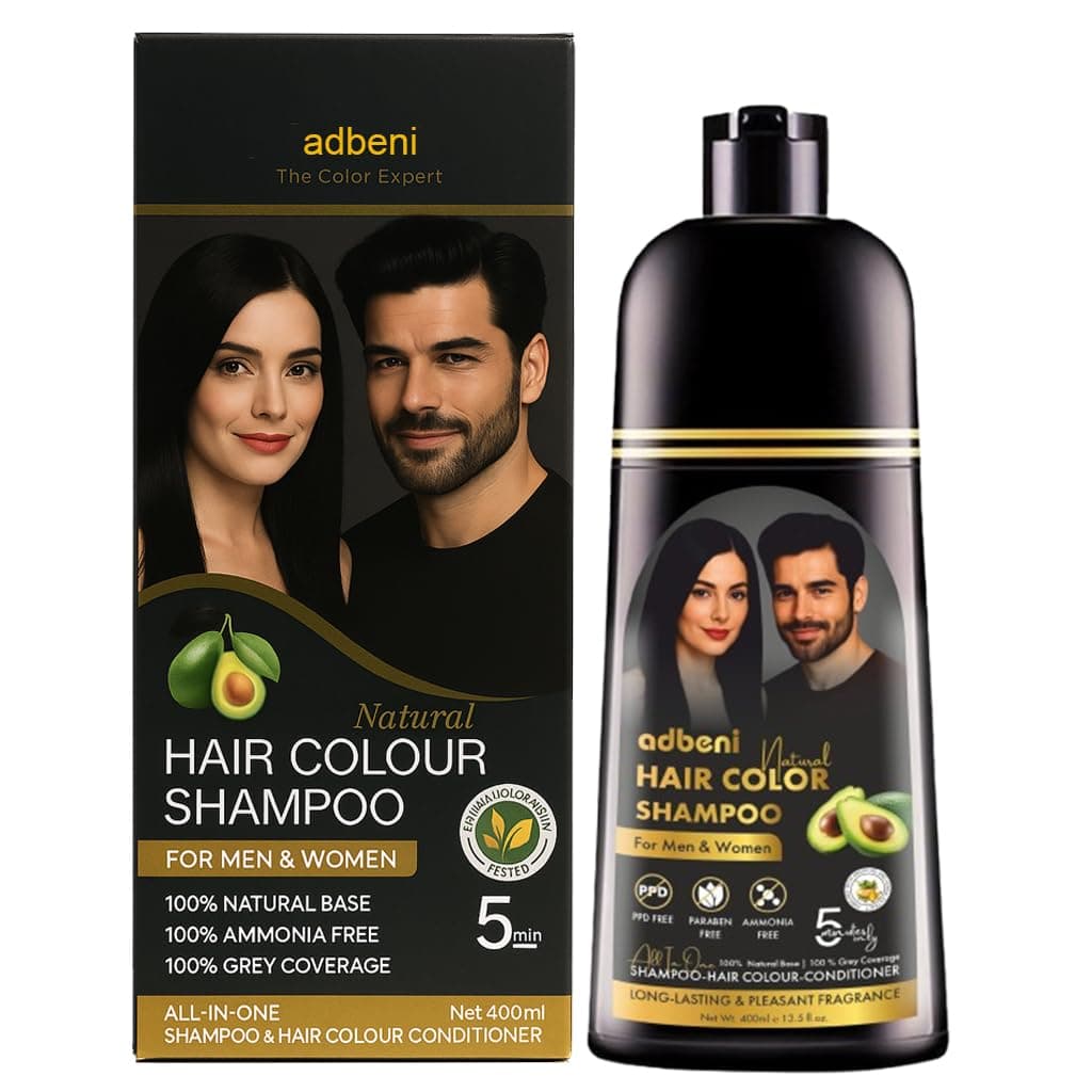 Adbeni Natural Black Hair Color Shampoo 400ml with Conditioner | Ammonia & Paraben Free, No Harsh PPD | 5 Min Grey Coverage | For Men & Women | With Argan Oil & Herbal Extract | 10 Pair Gloves