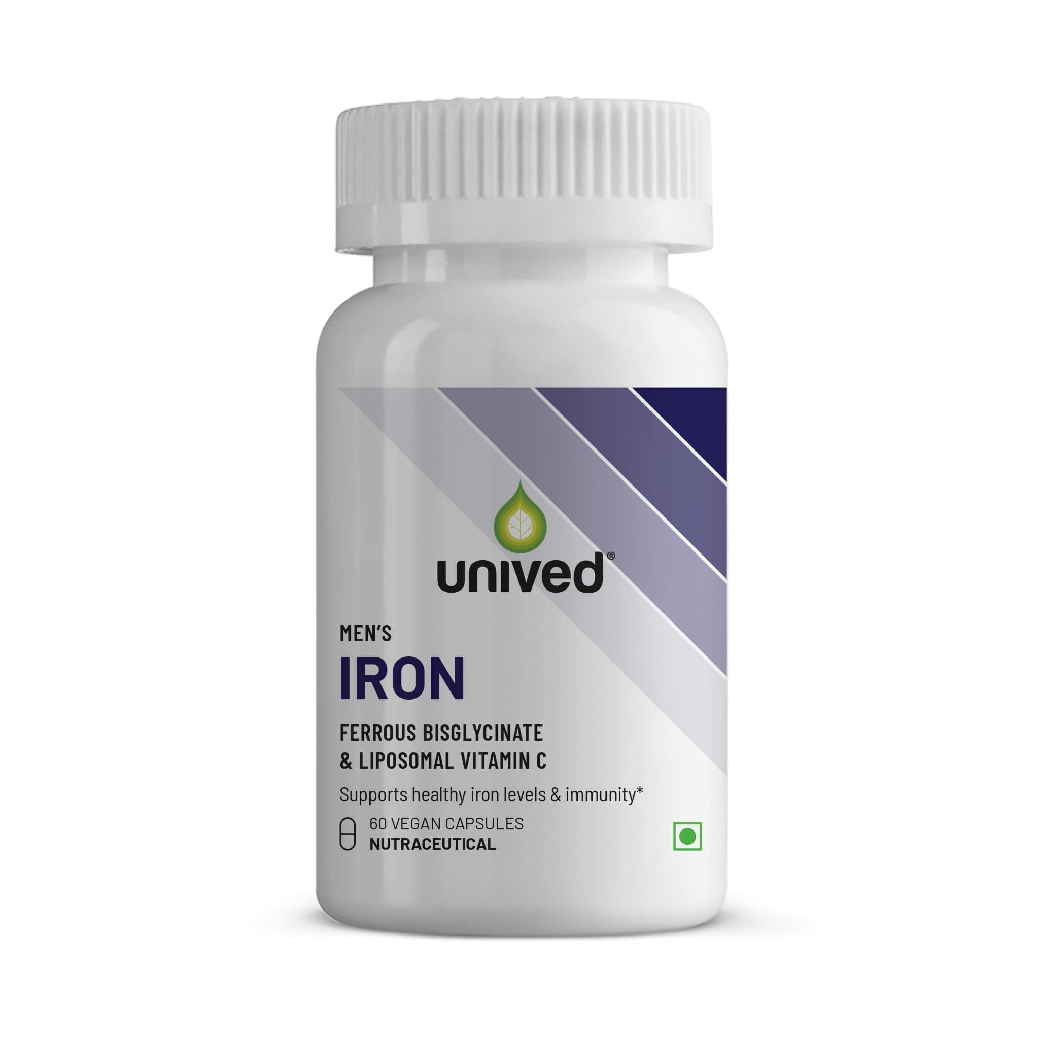 Unived Men’s Iron Supplement | 21mg Ferrous Bisglycinate + 80mg Liposomal Vitamin C | 100% RDA Iron & Vitamin C | High Absorption, Gentle on Stomach | Vegan | 60 Capsules