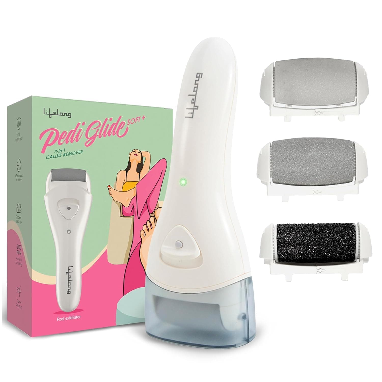 Lifelong Callus Remover for Feet Electronic with 3Heads |Rechargeable Foot Scrubber for Dead, Hard Skin Remover |Waterproof Pedicure Tool Kit for Women |2-Speed Foot Filer | Crack Heel Repair Machine