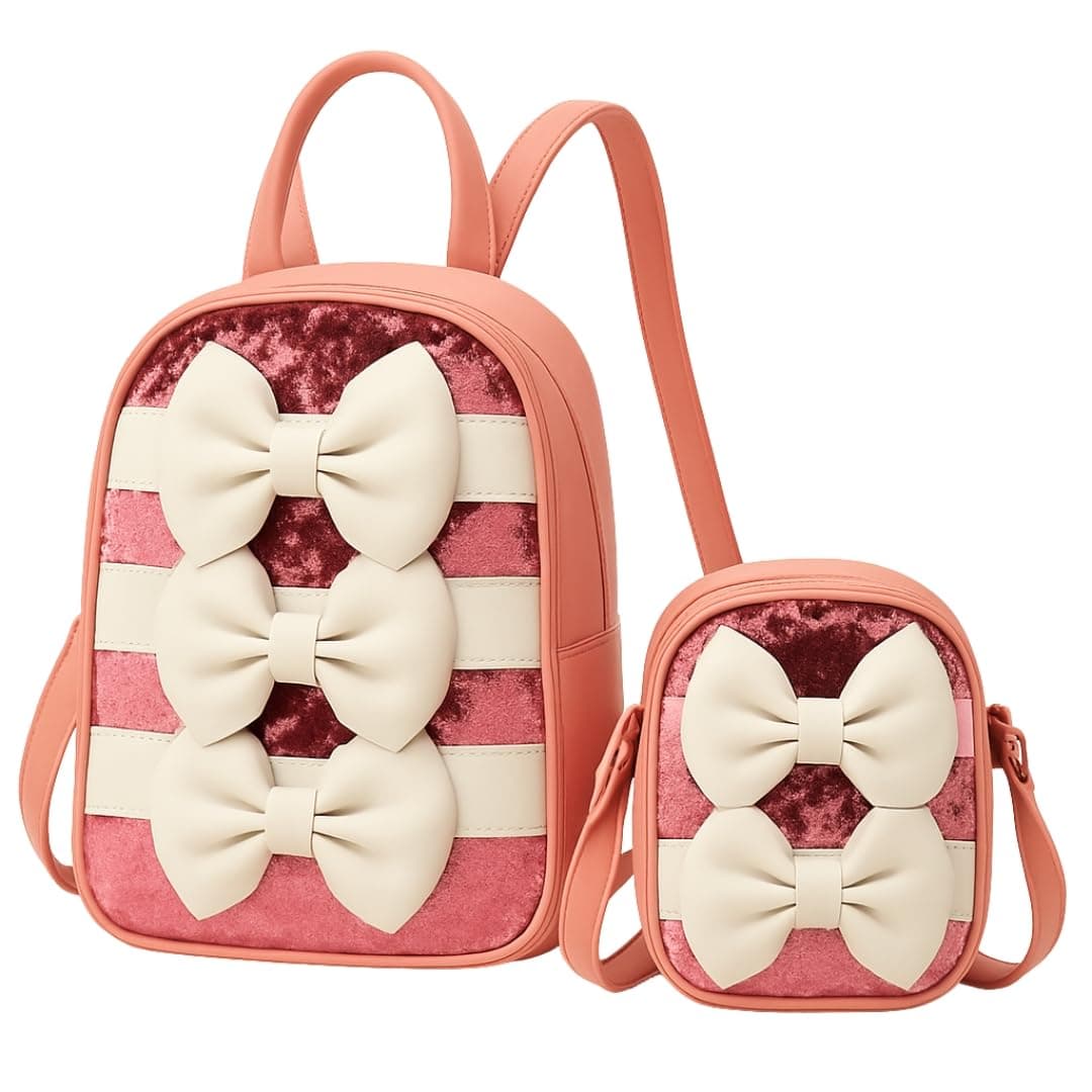 TYPIFY Bow Design Stylish Backpack & Matching Crossbody Sling Bag Combo Set for Women, Pink Sequin Striped Pattern, 2 Pieces | Travel, Casual & College Bag for Girls | Gift for Her
