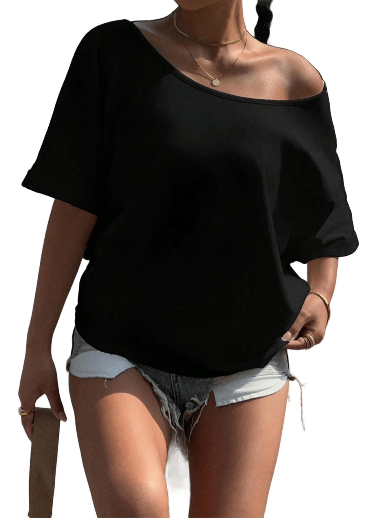 SXV STYLE Women's Off-Shoulder T-Shirt, Short Sleeve, Casual Loose Fit, Black