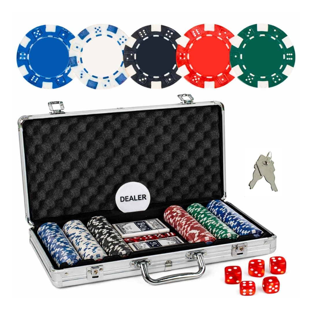 WISHKEY for Adult Casino Style Poker Chips Set with A Aluminum Finish Case, 2 Decks of Card Game, 5 Dice, 1 Dealer Button (Classic Multiplayer Game) 300 Pcs