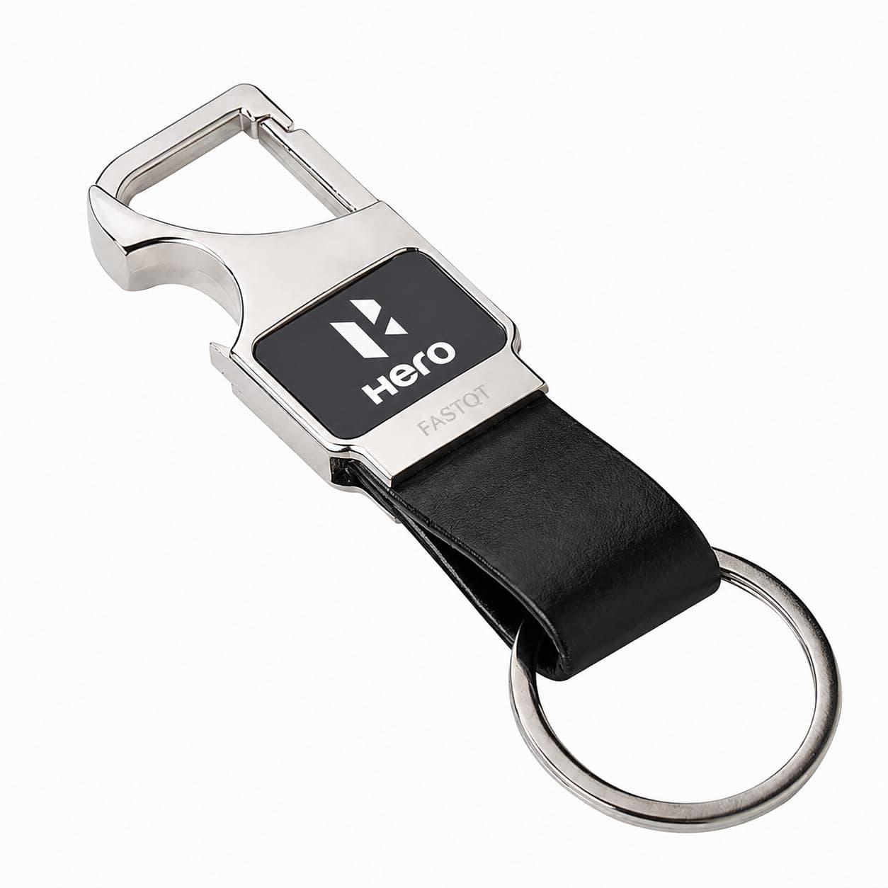 FASTQT Premium Metal & Leather Keychain – Stainless Steel Carabiner Hook Key Ring with Black Strap, Durable Chrome Finish Key Holder for Bike and Car Owners, Stylish Gift for Riders