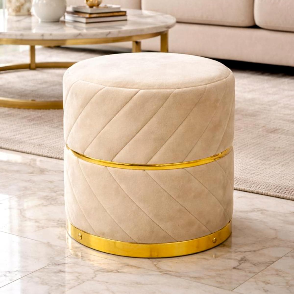 Dence Store Premium Velvet Puffy Ottoman Stool for Living Room | Round Footrest with Diagonal Channel Stitching & Gold Metal Base | Luxury Pouffe for Bedroom & Dressing Area