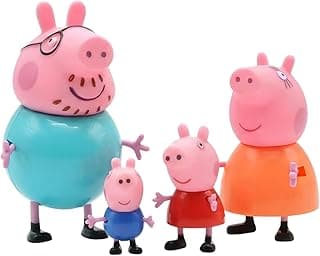 ALCA Peppa Pig Family Toys Set of 4 - George, Mummy Pig, Daddy Pig & Grandparents | Movable Cartoon Figures Dollhouse & Car Play Set | Kids Toy for Boys & Girls 2+ Years | Birthday Return Gift