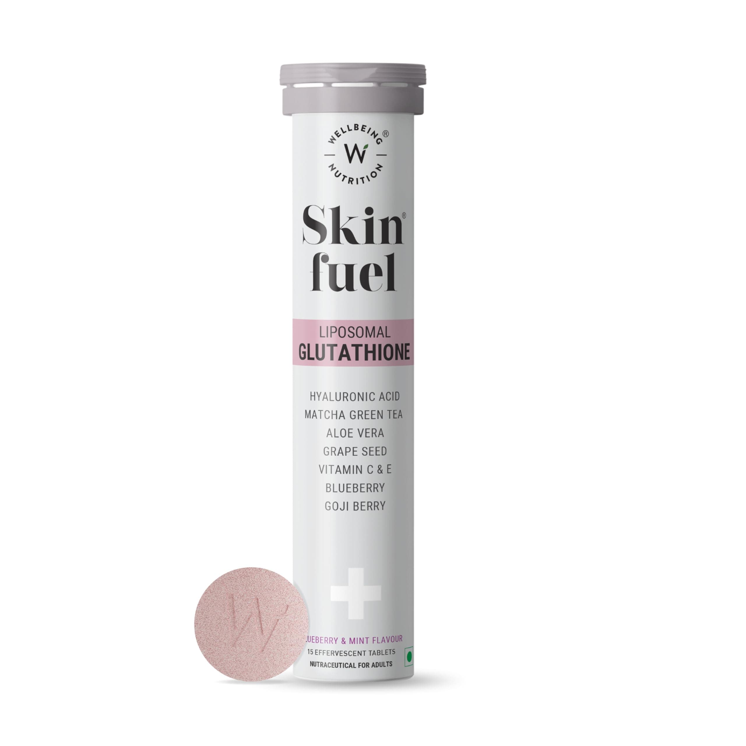 Wellbeing Nutrition Skin Fuel Liposomal Glutathione 90% (600mg)|Hyaluronic Acid, Vitamin C & E | 4X Absorption |Skin Radiance, Anti-Pigmentation & Hydration | Blueberry Mint Flavour | 15 Veg Tablets