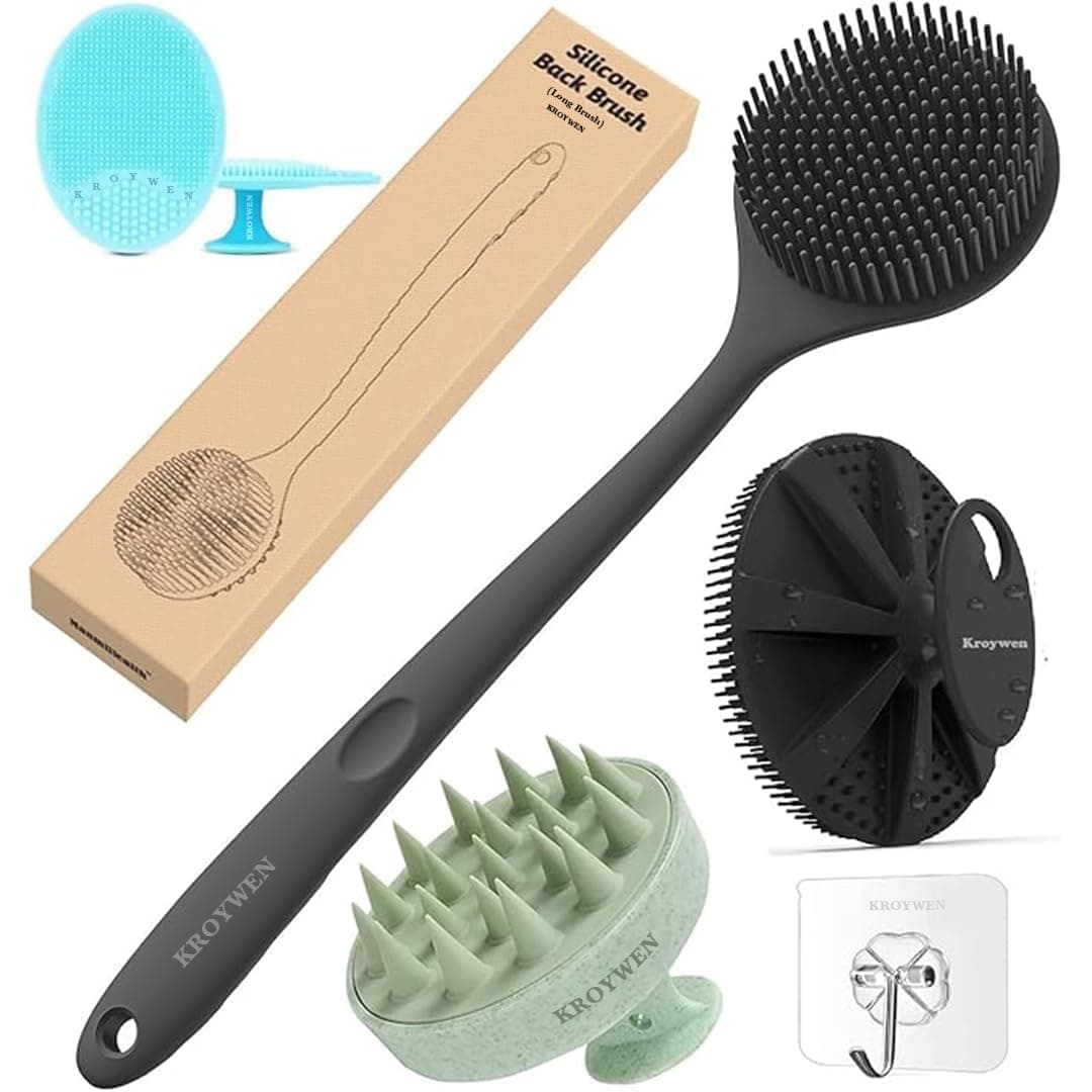 KROYWEN Soft Silicone Back Scrubber Long Handle Bath Brush + Face Scrubber Brush + Body Scrubber Bath Brush + Scalp Massager for Hair, Combination Combo, Super-Exfoliating & Lathering Body Scrubber, Shower Brush | BPA-Free | for Women and Men (With A Free Hook 3-pic)