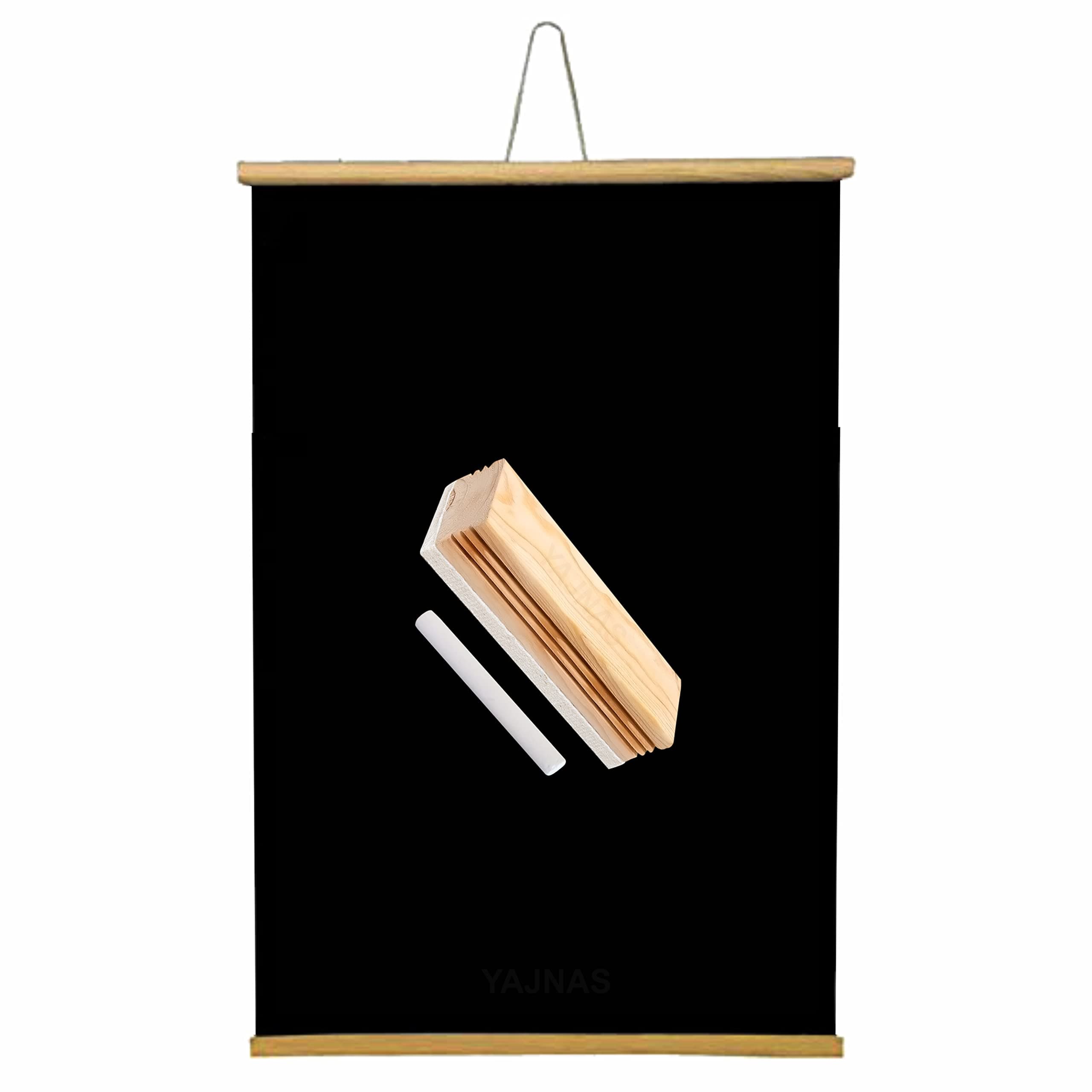 YAJNAS 2X3 Feets (24x36 Inchs) Wall Hanging Non-Magnetic Black Roll Up Board with 1 Premium Wooden Duster & 10 Pieces Chalk Combo