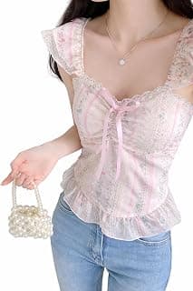 ICW Women’s Floral Lace Corset Crop Top with Ruffle Sleeves, Sweetheart Neckline, Pastel Ribbon Detail, Fitted Bustier Style Top DN8813