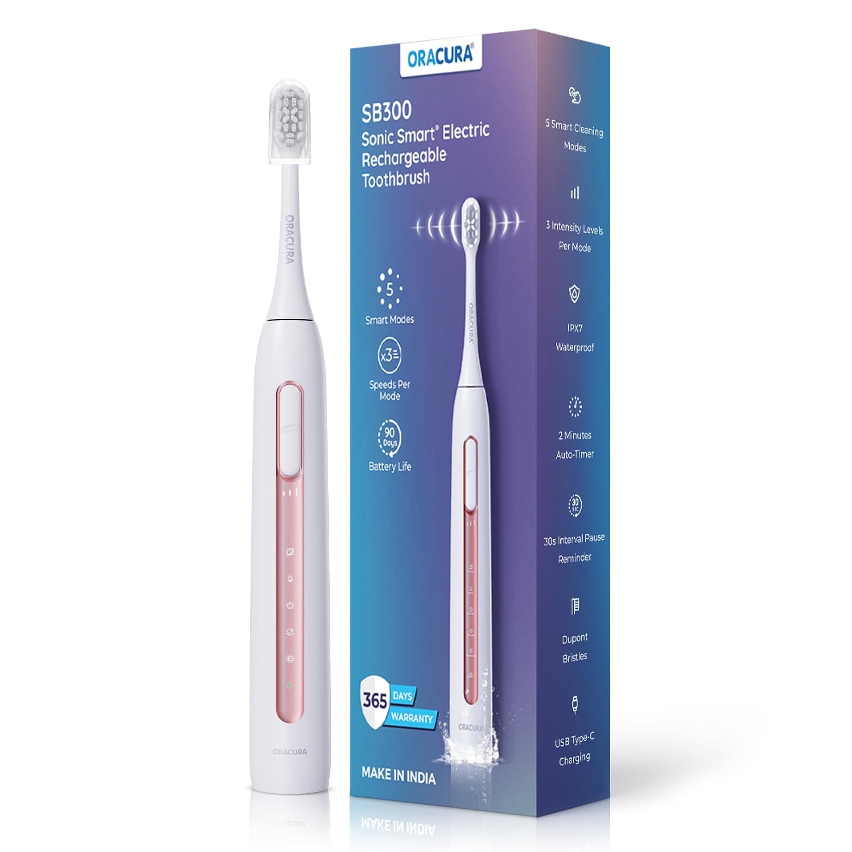 ORACURA® SB300 Electric Rechargeable Toothbrush for Men & Women | Peach | 365 Days | 4 Vibrant Colors| 36,000 strokes/min| With 5 Modes & 3 Intensity Levels | 2 Minutes Auto-Timer|90 Days Battery Life