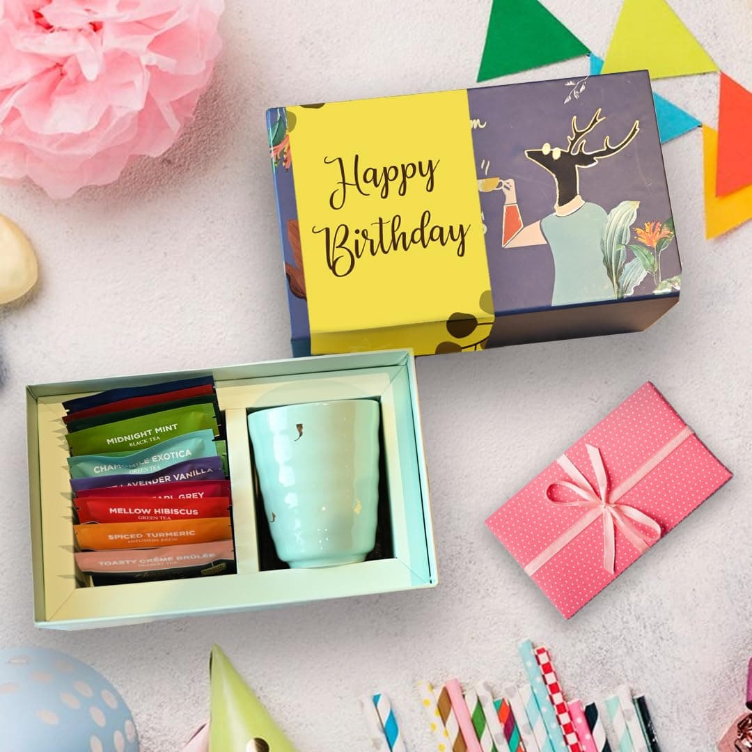 CHAYAM Delightful Brews Birthday Tea Gift Set | 12 Premium Assorted Tea Bags with 1 Elegant Kulhad Mug | Thoughtful Gift Hamper for Birthday