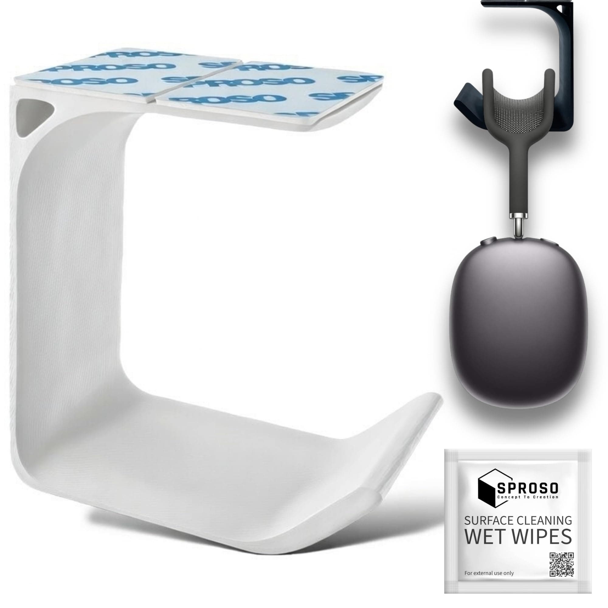 SPROSO Headphone Stand Holder | Under Desk Hook & Cable Organizer | Stick-On Adhesive | Superior-Grade ABS | Includes Surface Cleaning Wipes for Easy Setup & Organization (White, Pack of 1)