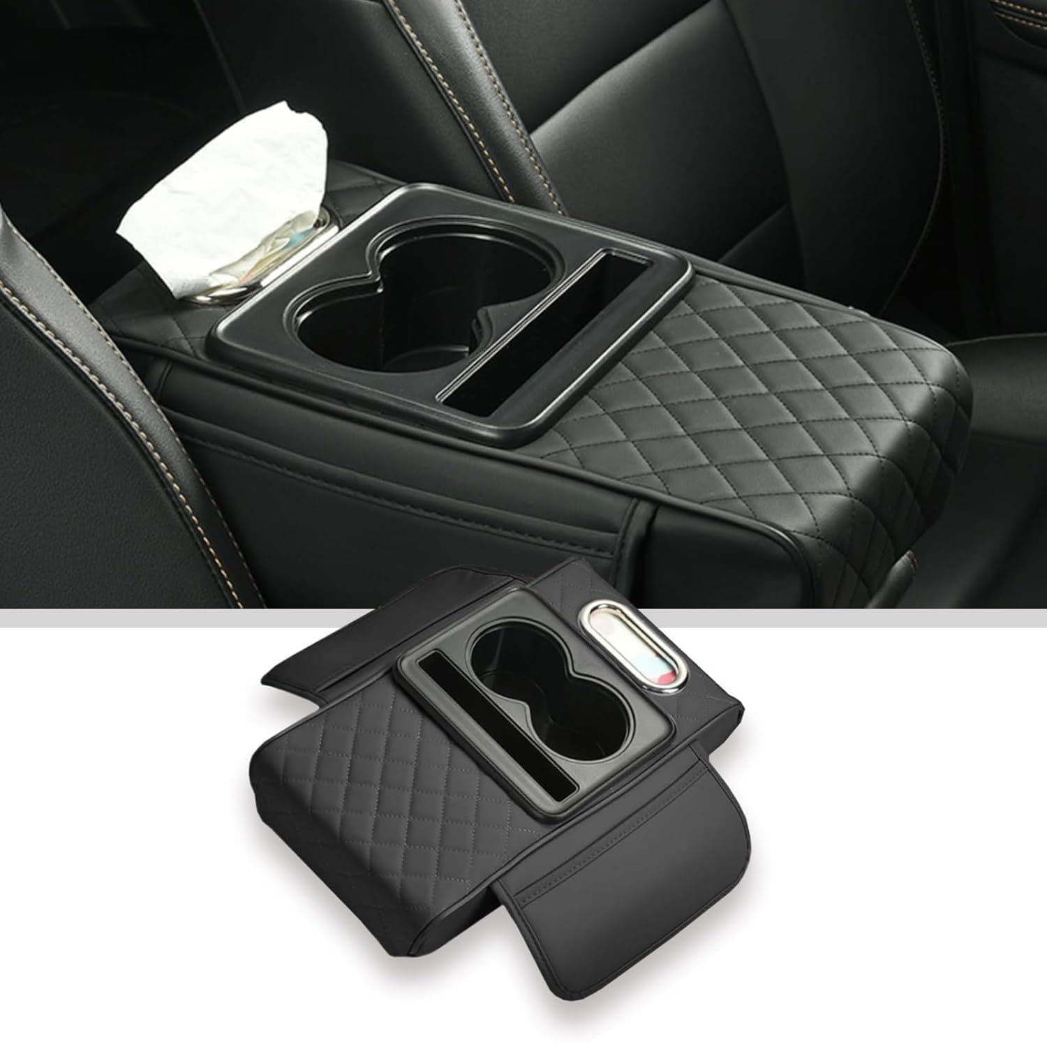 Car Seat Gap Organizer with Cup Holder and Tissue Slot, Center Console Storage Pocket with Flip Cover Design