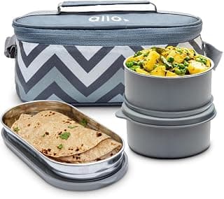 Allo Microwave Safe Steel Lunch Box for Office with Bag for Men and Women, Air Tight & Leak Proof Stainless Steel Tiffin for Office, School, College, Set of 3 with Chevron Grey Bag