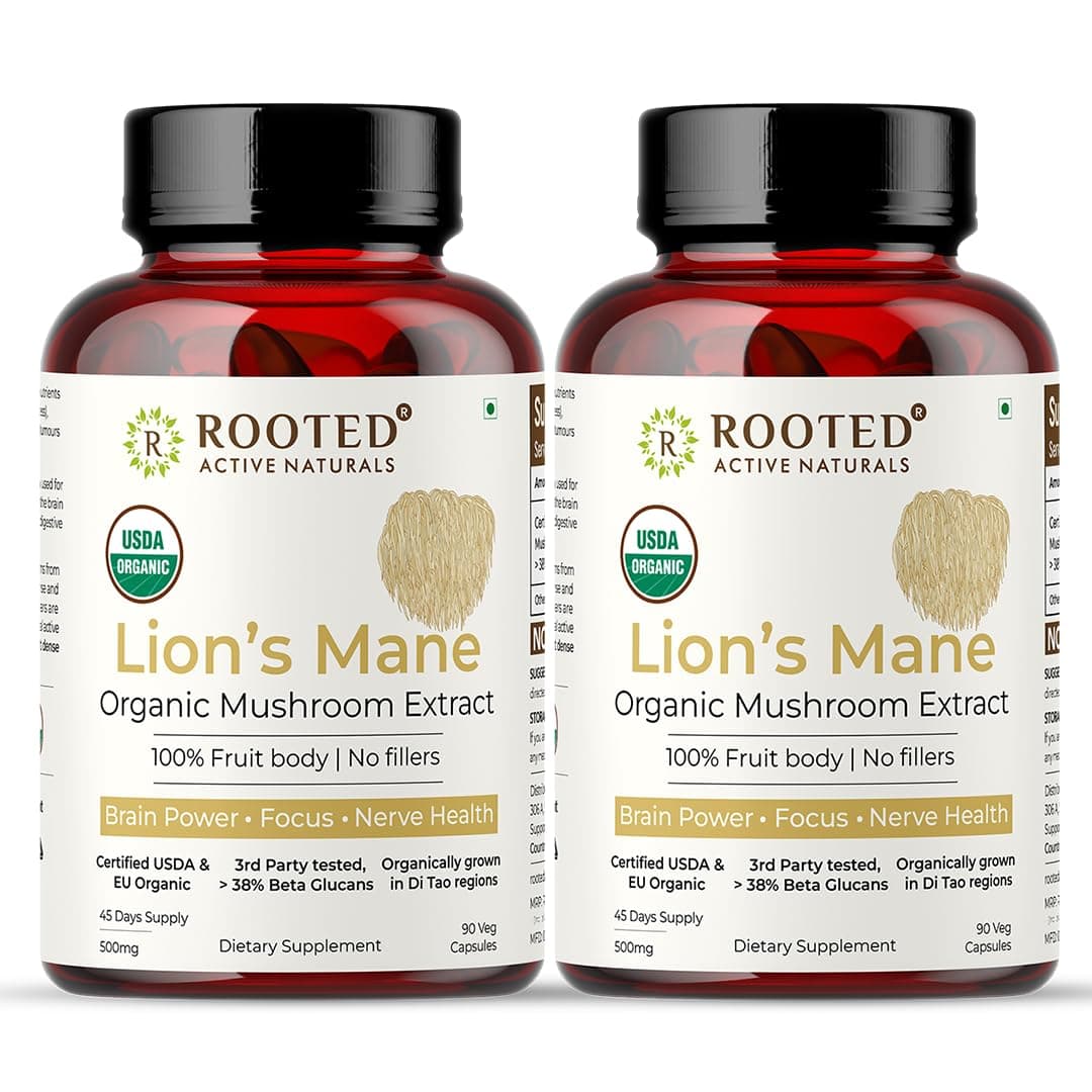 ROOTED USDA Organic Lions Mane Mushroom Extract Capsules, 38% Beta Glucans (90 Capsules) (Pack of 2)