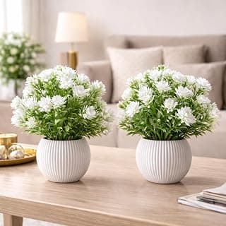 Artificial Green and White Flower Plant with White Pot, 8 Inch Height, Decorative Indoor Plant for Home & Office Decor – Pack of 2