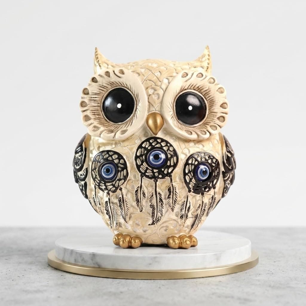HN Spiritual Owl Statue for Good Fortune | Artistic Showpiece with Evil Eye Charm | Feng Shui & Vastu Inspired Home Decor Accent Resin (4 Inch, Cream Base Multicolor, 1 Pc)