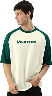 Veirdo 100% Pure Cotton Oversized Loose Baggy Fit Drop Shoulder Round Neck Cool Front Chest Typographic Logo Printed Raglan Sleeve T-Shirt for Men (Colors: White, Black, Swanwhite, Beige & Grey)