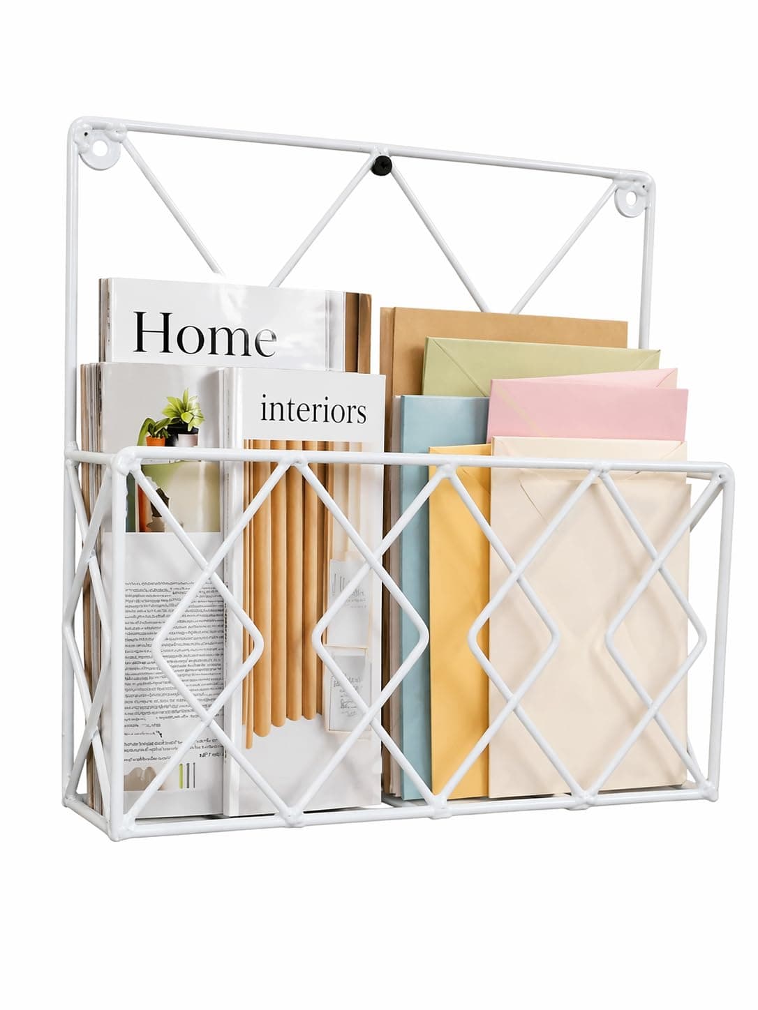 Woodiva Wall Decor Hanging File & Magazine Holder – Metal Newspaper Rack, File Storage Organizer for Office & Home Wall Art Display (White)