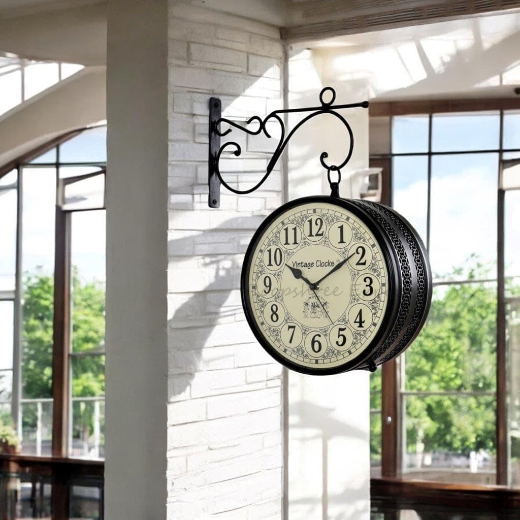 Vintage Clock Iron Handcrafted Double Side Clock/Railway (Station) Clock/Jali Design / 8 Inches Size/One Side English Other Side Roman Number, Analog, one side english, other side roman number; black