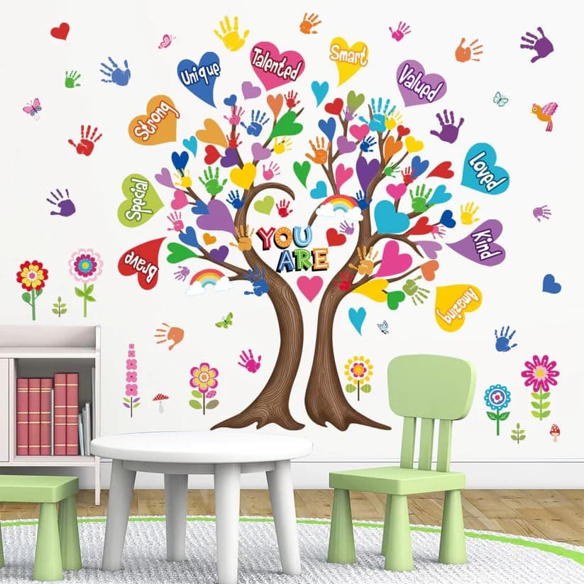 You are Inspirational Tree Wall Sticker, Colorful Handprints and Hearts Design, Decorative Wall Decal for Kids Room (Small)