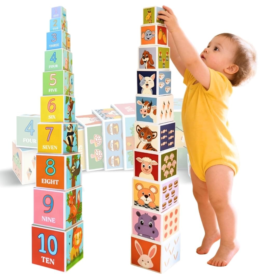 PepPlay Stacking & Nesting Cubes for Toddlers 1-3 Years 10 Sturdy Blocks that Teach Numbers, Animals, Shapes & Counting Taller Than Your Toddler Montessori Learning Toy Birthday Gift for Boys & Girls
