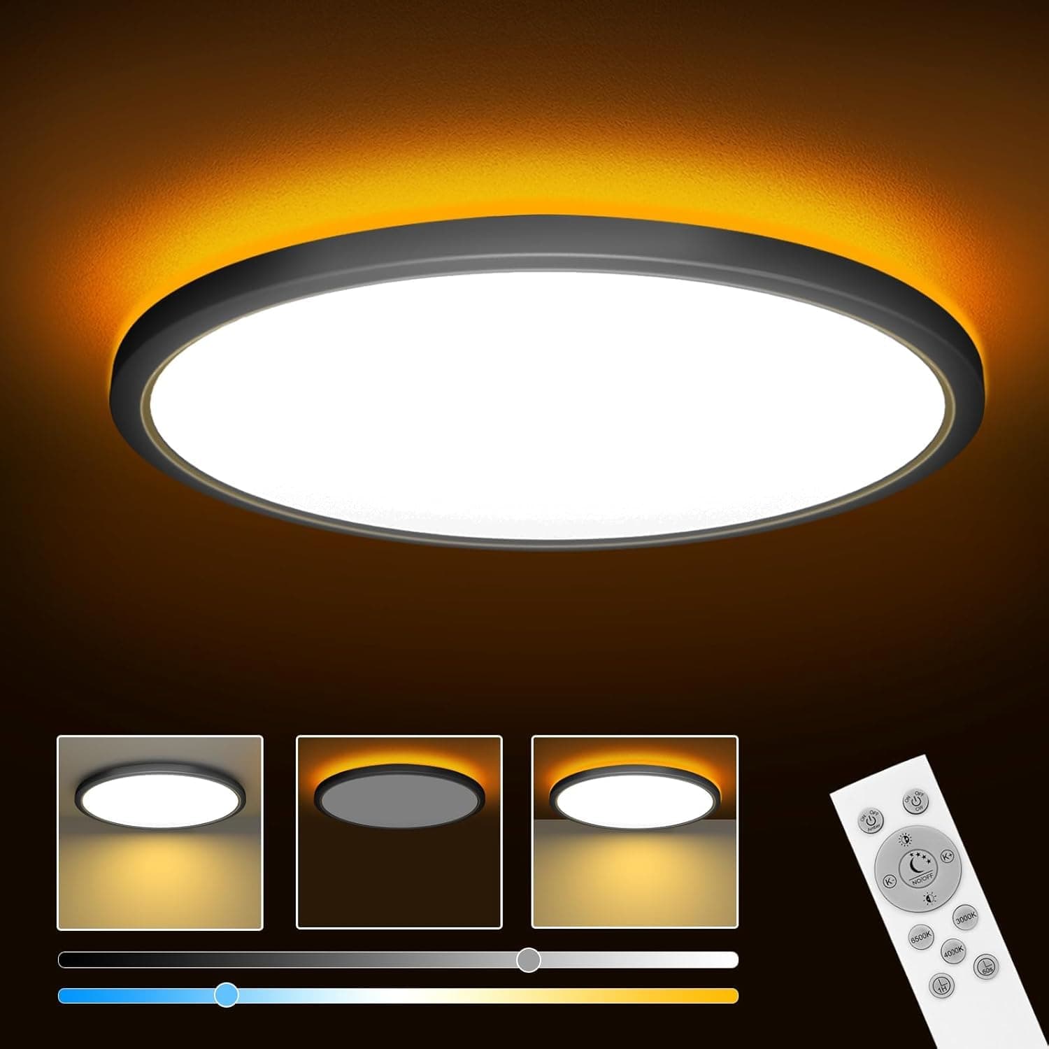 ELEPHANTBOAT plastic 12" Dimmable LED Ceiling Light with Remote Control, 24 W 3-Color Ceiling Light with Dim Night Light 1800k Warm, Round Flush LED Ceiling Lights (Black)