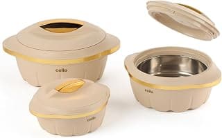 CELLO Stylus Insulated Casserole Hot Pot Box Set of 3 Pcs, Beige (500ml, 1000ml, 1500ml) | Airtight Lid Hot Pot Case Keeps Food Hot & Warm For Long Hours, Casserole Set For Roti Chapati Rice Biryani