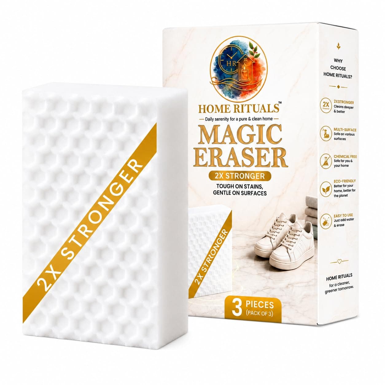 Home Rituals Magic Eraser Sponge for Cleaning, Melamine Foam Cleaning Sponge, Multi Surface Cleaning Pad for Kitchen, Bathroom, Walls, Tiles, Sink, Shoes & Appliances, Chemical-Free Cleaner, Pack of 3