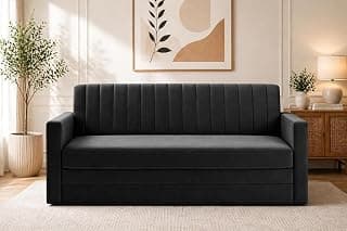 Modern Velvet 3 Seater Sofa Cum Bed with Armrest, Convertible Sleeper Couch Sofa for Living Room, Bedroom & Office - Black Color