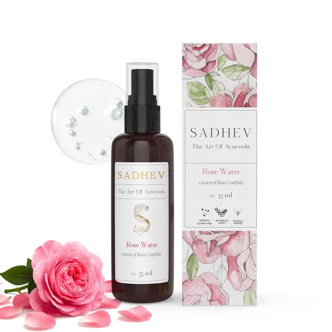 SADHEV Ayurvedic Rose Water Toner | Traditional Steam Distilled Centifolia Roses | Hydrates, Tones & Rejuvenates Tired Skin & Eyes | Natural Face Mist & Makeup Setting Spray | Vegan & Alcohol-Free | 75ml