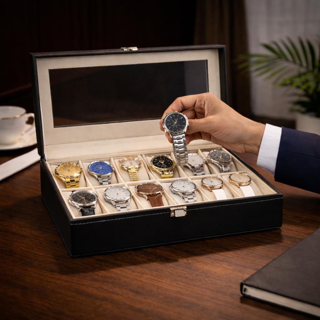 DecorTwist Premium Watch Storage Box Watch Case Organizer PU Leather, Velvet Interior, Transparent Lid (12 Slots)