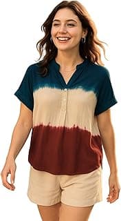 Maaesa Women Multicolor Handcrafted Tie & Dye Rayon Top | Mandarin Collar | Short Sleeves | Lightweight & Breathable Fabric | Casual Wear & Office Wear