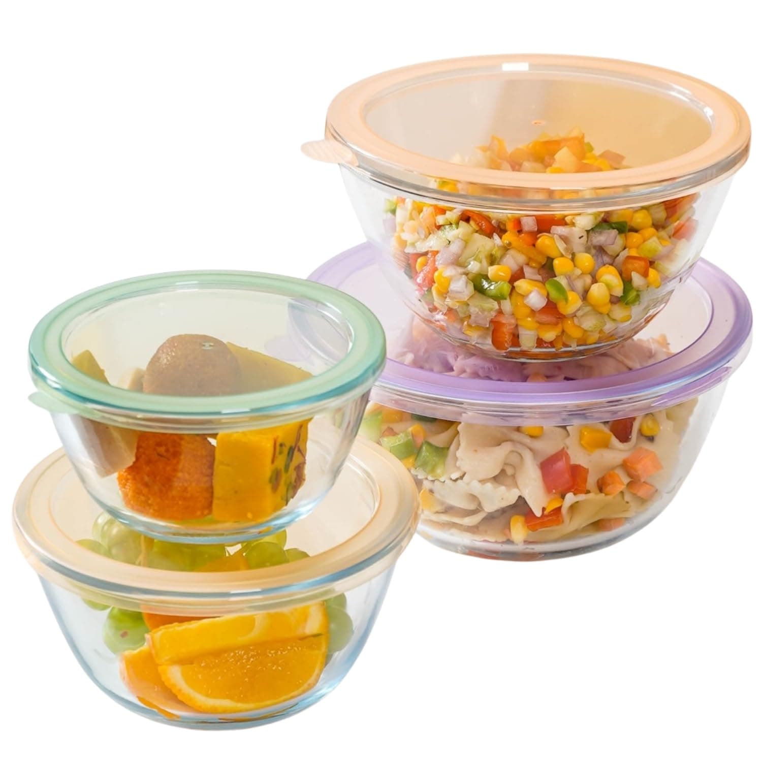 Nestasia Glass Containers for Kitchen Storage Set of 4 (XS - 500ml, S - 800ml, M - 1000ml, L - 1600ml) - Borosilicate Glass, Nested Design for Easy Storage, Microwave, Dishwasher & Refrigerator Safe