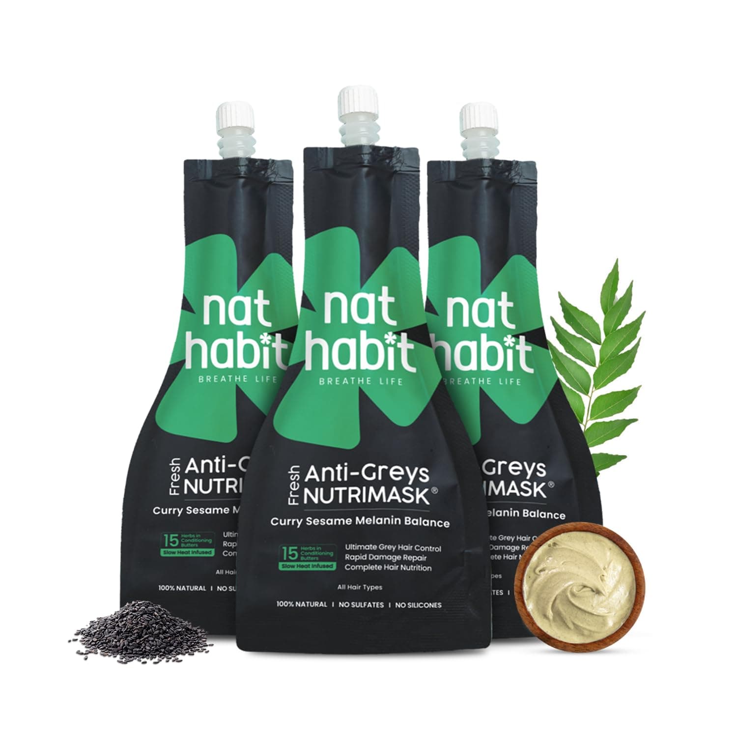 Nat Habit Curry Sesame NutriMask Fresh Hair Mask For Grey Hair, Conditioning, Smoothening, Strengthen & Shine, Suitable For All Hair & Scalp Types (Pack of 3 x 40 gm)