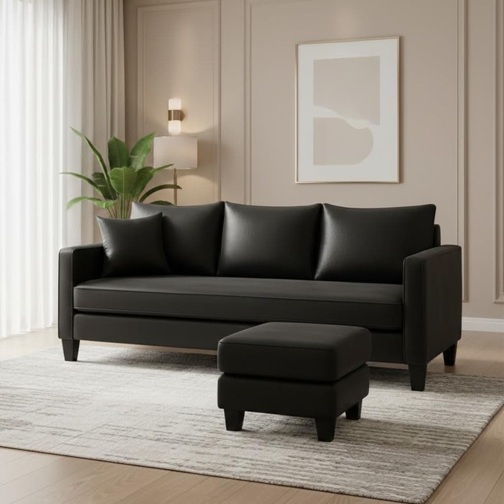 FURNY Conva 4 Seater L Shape Sofa Set with Movable Ottoman | Flexible Left or Right Layout | Premium Leatherette Upholstery (Black) | Perfect for Living Room, Guest Room & Office