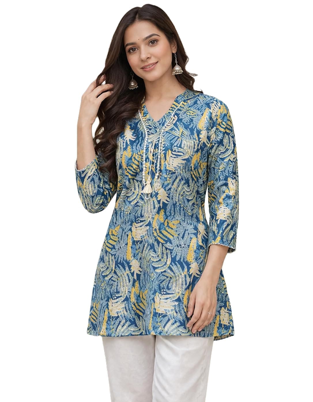 Women's Cotton Floral Printed V-Neck A-Line Kurta/Regular Fit Kurti-3/4 Sleeve