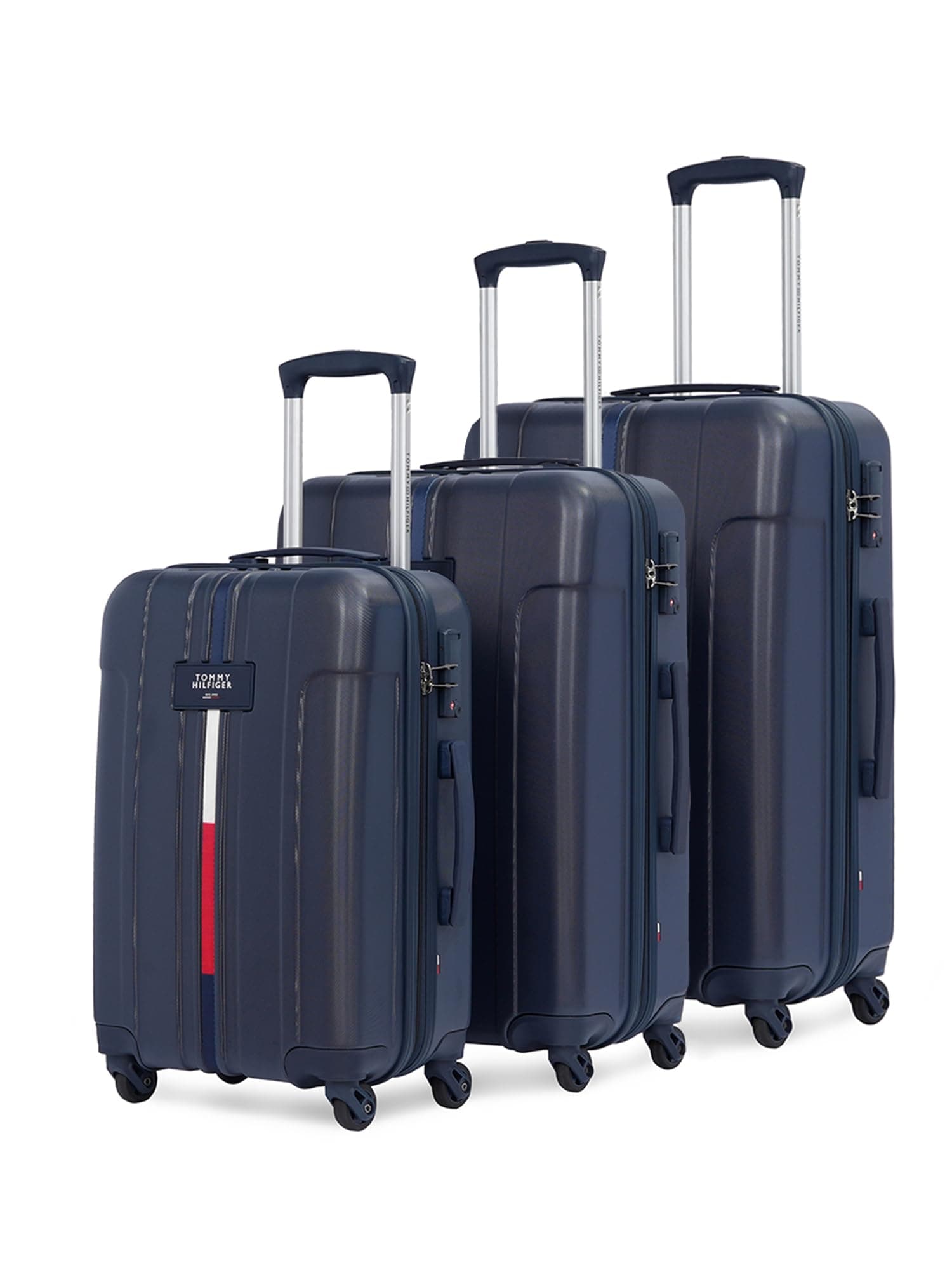 Tommy Hilfiger Wyoming Check-in Luggage Set of 3 (Cabin, Mid & Cargo) | Trolley Bags |Durable Polycarbonate Hardshell Suitcase with TSA Lock| 360° Spinner Wheel & Telescopic Handle| Color- Navy