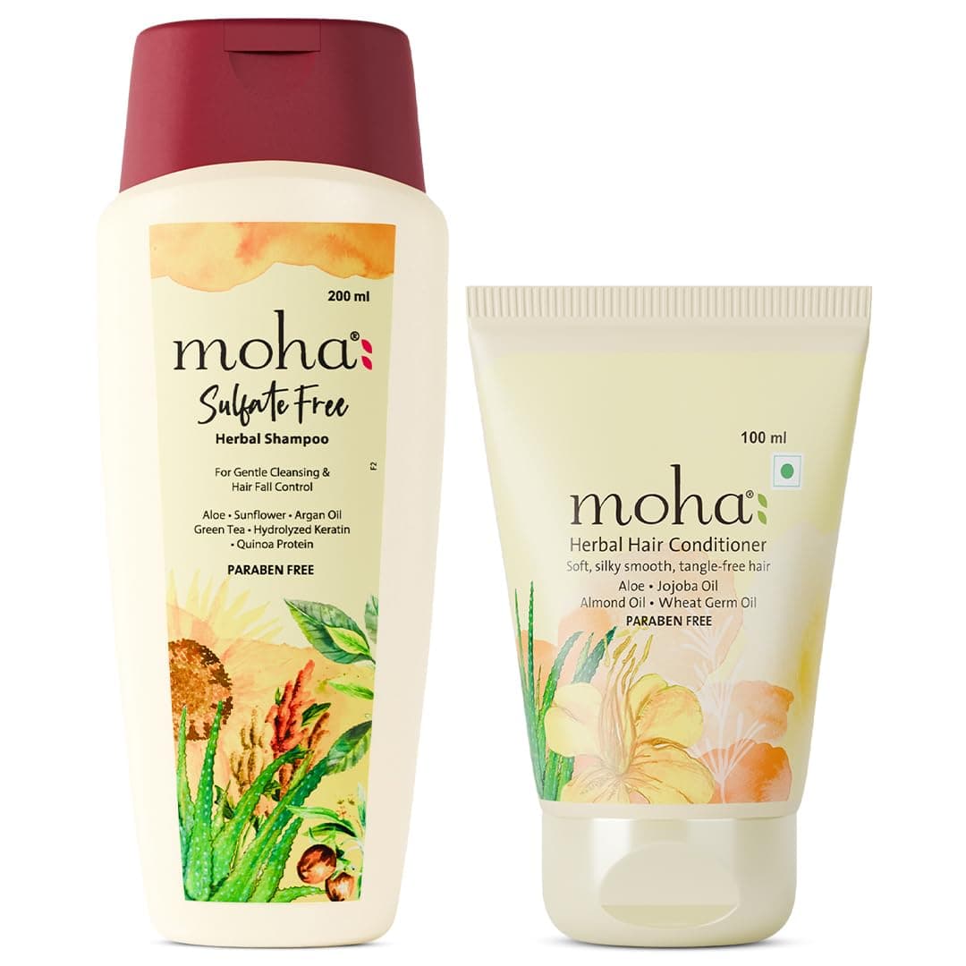 Moha Sulfate-Free Herbal Hair Shampoo 200 Ml and Herbal Hair Conditioner 100 Ml combo with Aloe Vera, Sunflower, Argan, Almond, Jojoba & Olive Oil for Gentle Cleansing, Retains Hair Color, Hair Fall Control and Soft, Silky, Smooth & Tangle-Free Hair | Deeply Nourishes, Restores Natural Health, Repairs Damaged Hair & Perfect for Hair Growth | Ayurvedic Hydration for Dry & Frizzy Hair | Soothes Scalps, Strengthens Roots, Smoothes Frizz & Improves Textures | Locks in Moisture & Adds Natural Shine | Best Sulphate & Paraben-Free Shampoo & Conditioner for Women & Men (Pack of 2)